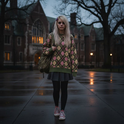 a blonde emo style girl wearing a green and pink argyle pattern sweater 