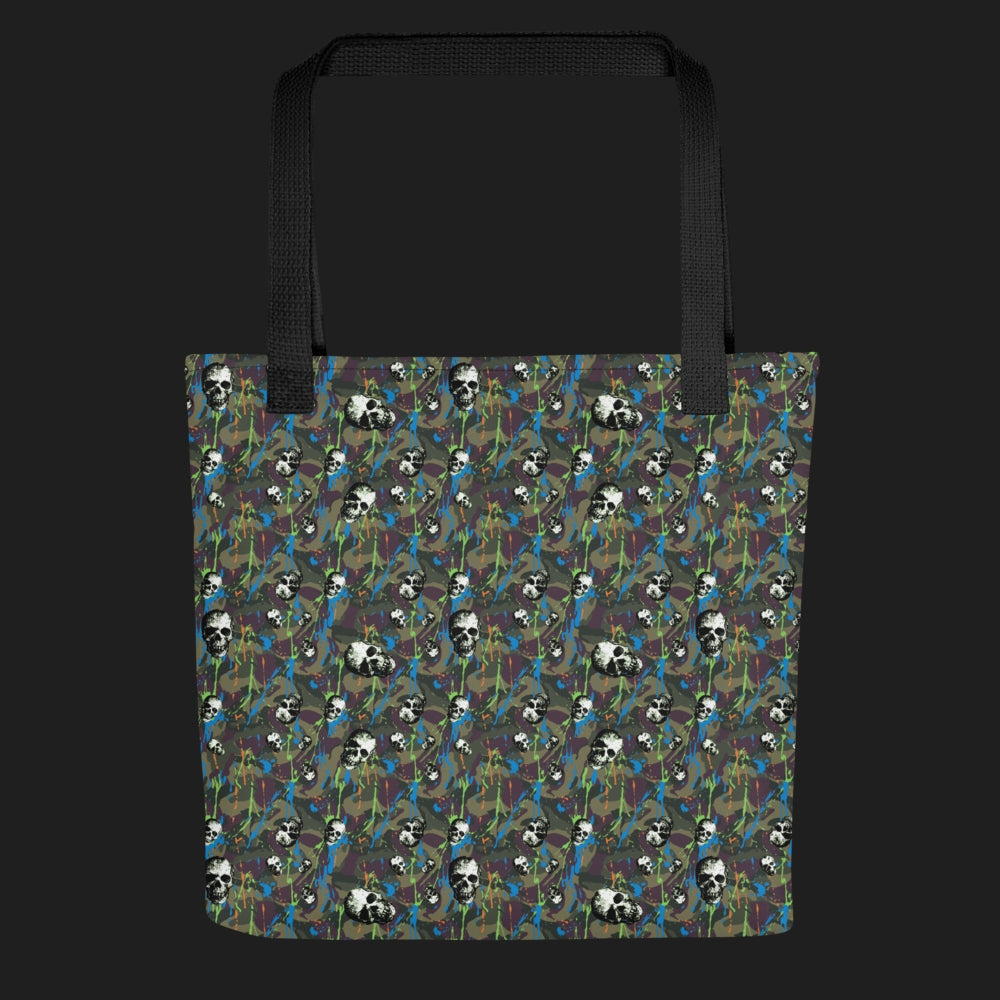 Tote bag with a rebellious camo background, gritty skulls, and neon paint splatter