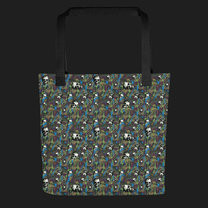 Tote bag with a rebellious camo background, gritty skulls, and neon paint splatter