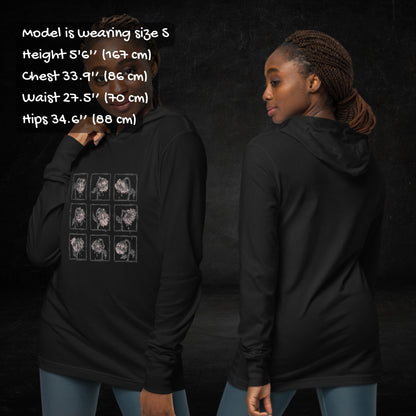 Person wearing a black Hooded Long-Sleeve Bella Canvas 3512 tee with a grid of crying emo flowers in soft pink