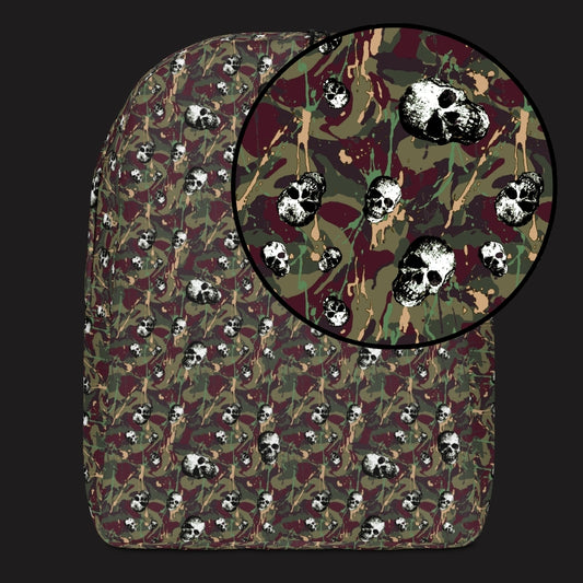 a backpack with a camo and paint and gritty skulls pattern in burgundy and green