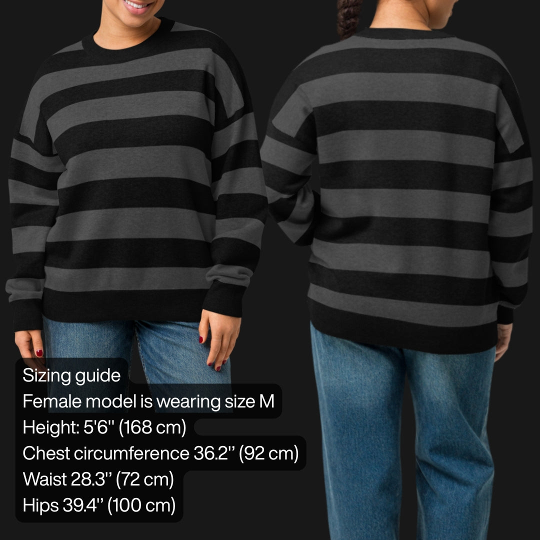 Size guide for a grunge striped sweater with wide black and dark stripes
