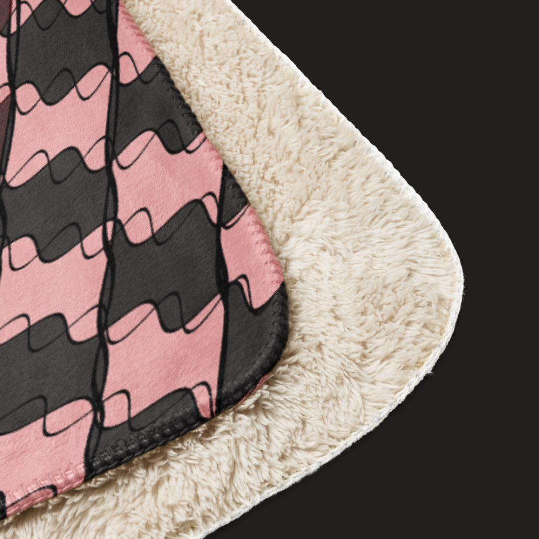 Distorted heart sherpa blanket with warped pink and black checker pattern, oversized emo aesthetic cozy throw