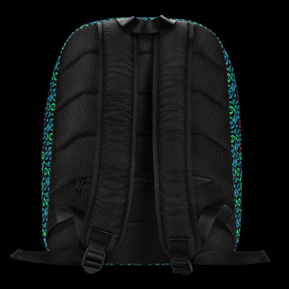 a backpack with an alt emo skull candy pattern in teal pink and green