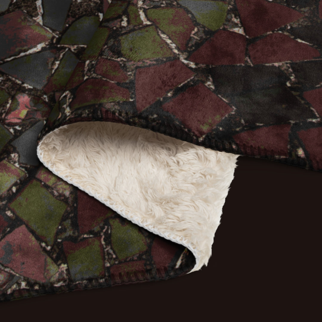 Moody sherpa blanket featuring a broken mosaic in moody tones, oversized cozy throw blanket