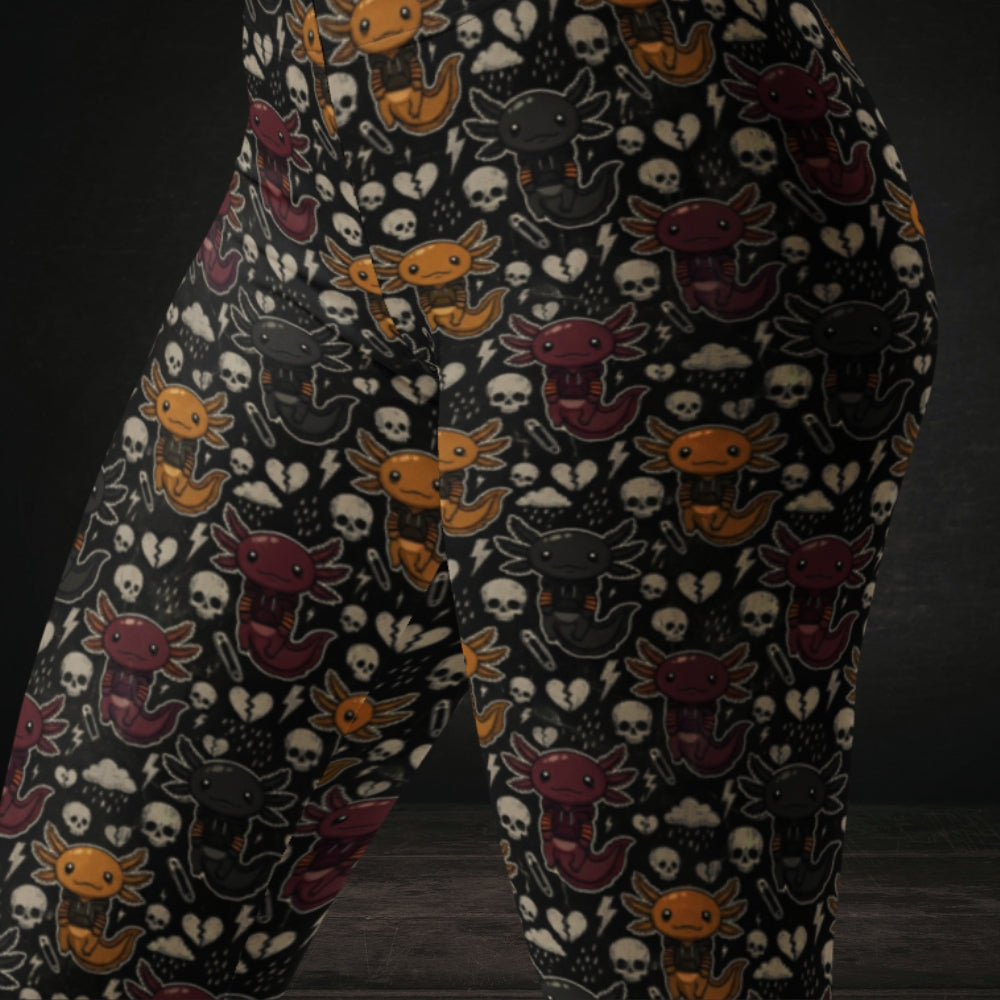 leggings with brown and purple emo axolotls.