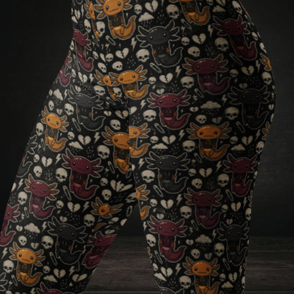 leggings with brown and purple emo axolotls.