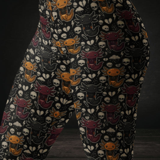 leggings with brown and purple emo axolotls.