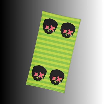 grunge striped neck gaiter with x-eyed skulls