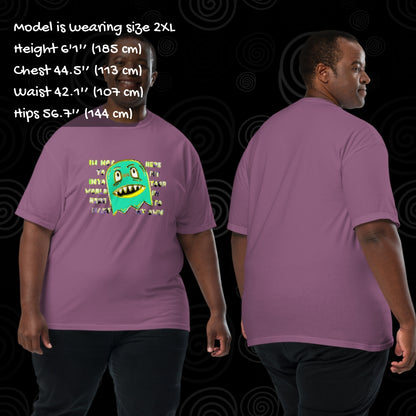 Person wearing a Comfort colors 1717 tee with a monster and text "i'm not her to fit into your world, i'm here to make my own" with sizing info