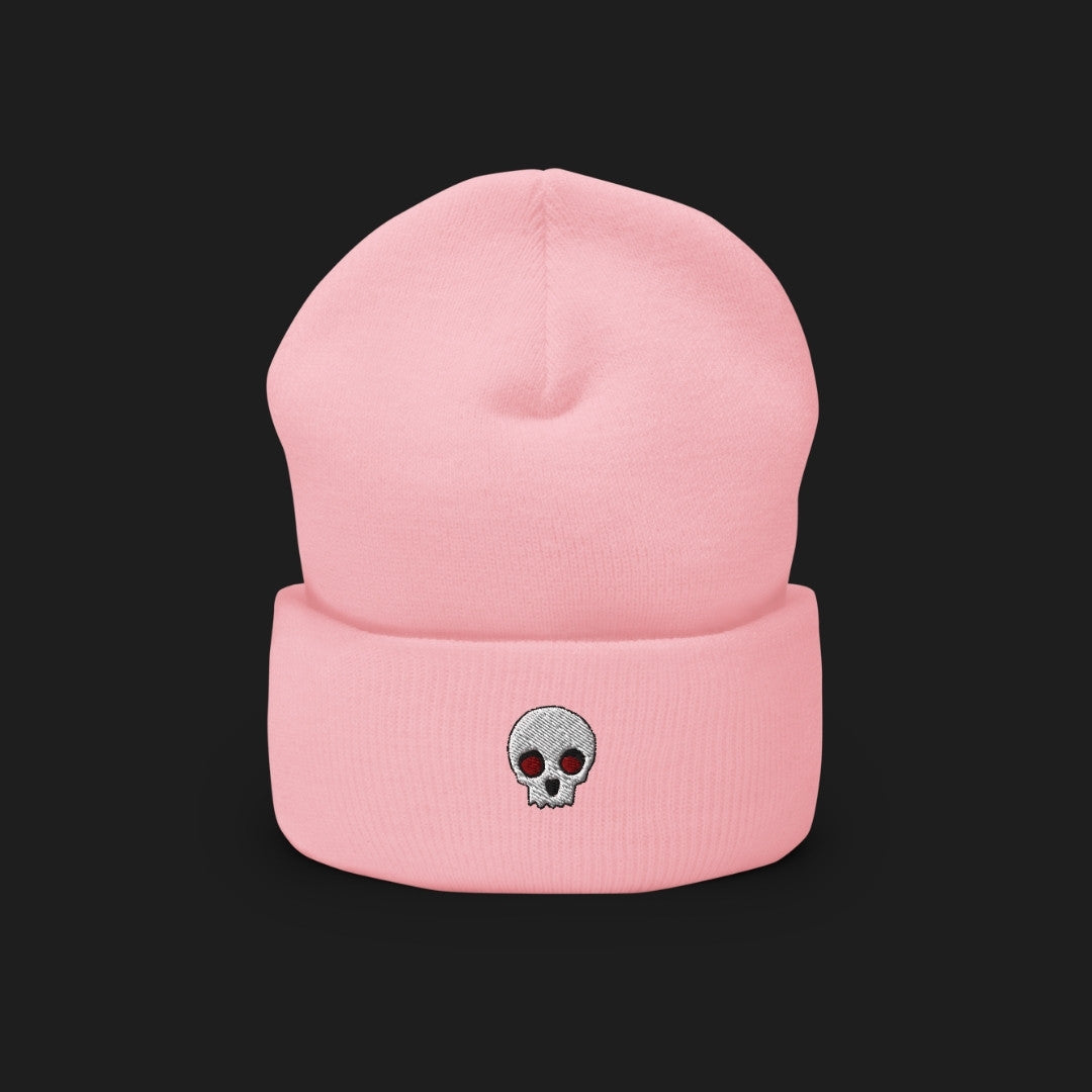 a cuffed beanie with a clean minimalistic skull embroidery