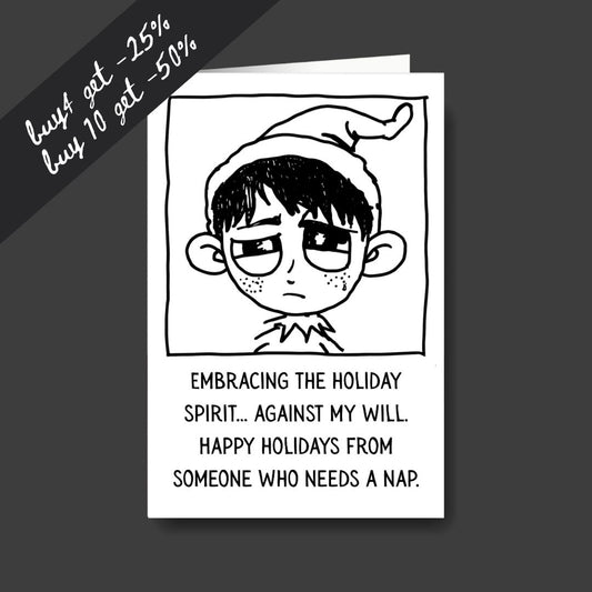 a tired elf sad Christmas greeting card