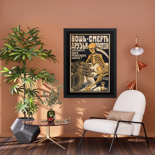 vintage framed poster of the russian educational poster "the typhus louse shaking hand with death" on a wall