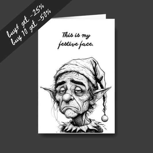 Tired elves greeting card - Festive face