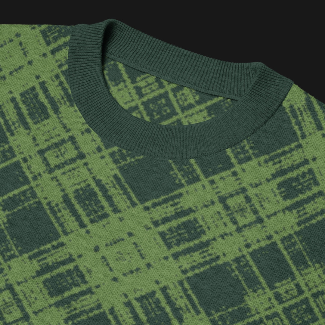 A green glitched plaid pattern knitted tee