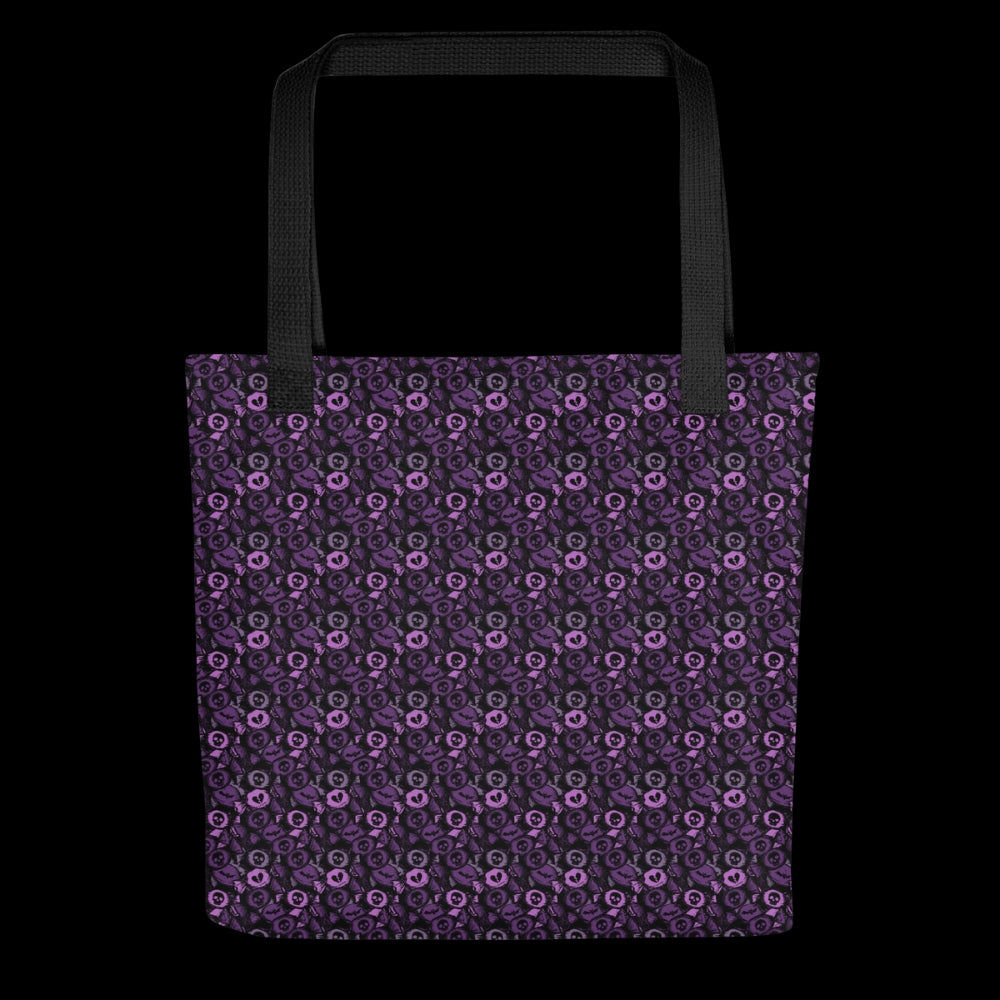 A tote bag with a skull candy pattern in purple shades