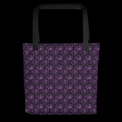 A tote bag with a skull candy pattern in purple shades