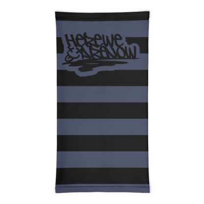 a neck gaiter with wide grunge style stripes and text "here we are noW"