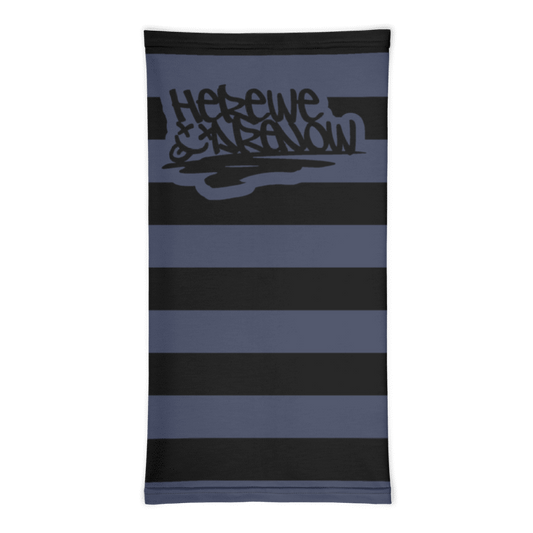 a neck gaiter with wide grunge style stripes and text "here we are noW"