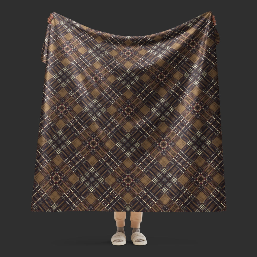 Large fleece sherpa blanket with a dark academia brown inspired distressed plaid pattern