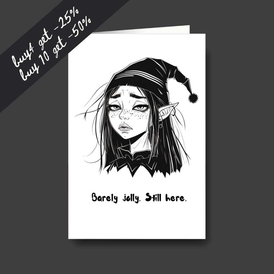 a tired elf sad Christmas greeting card