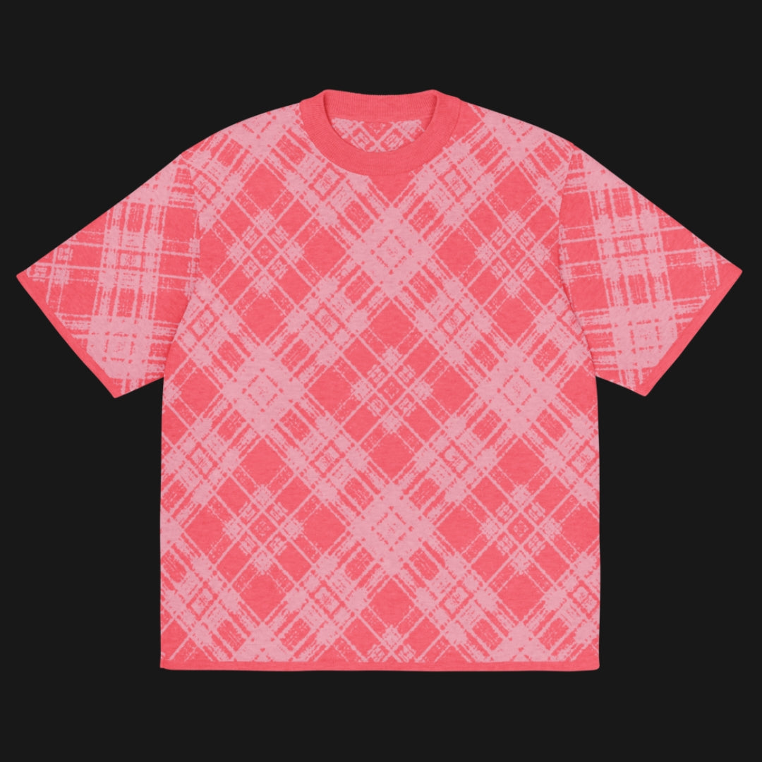 A pink glitched plaid pattern knitted tee