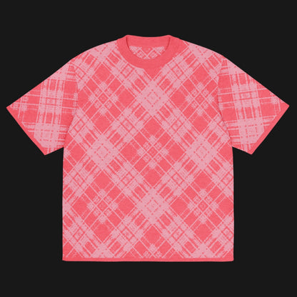 A pink glitched plaid pattern knitted tee