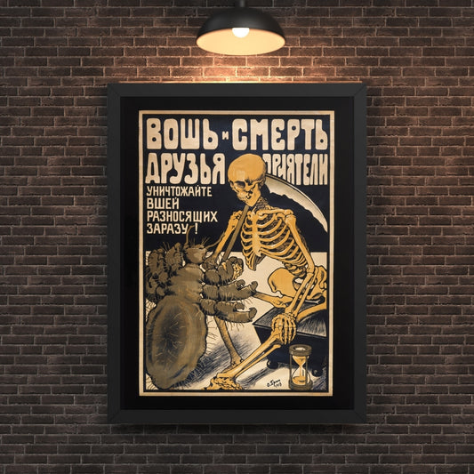 vintage framed poster of the russian educational poster "the typhus louse shaking hand with death"