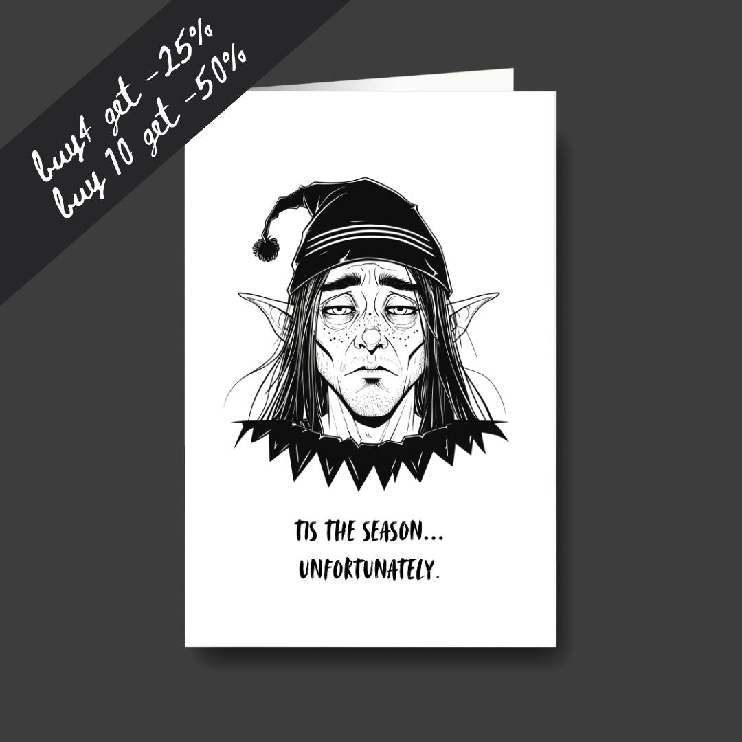 a tired elf sad Christmas greeting card