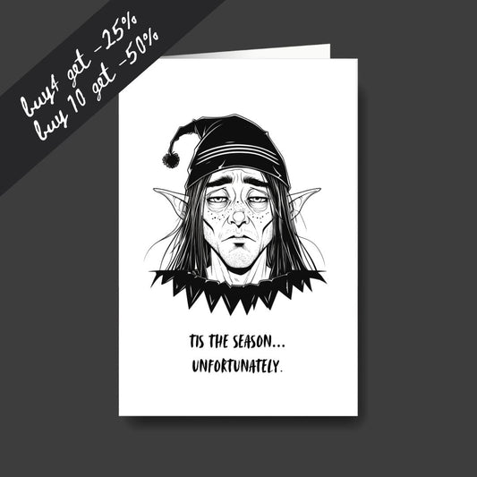 a tired elf sad Christmas greeting card