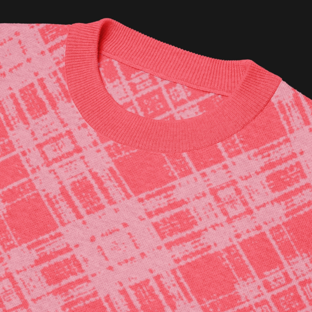 bright pink glitched plaid pattern knitted tee