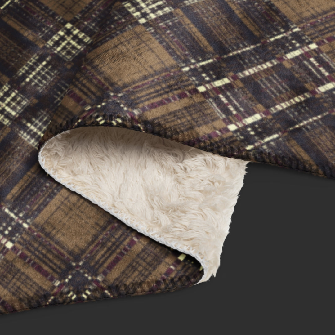 Large fleece sherpa blanket with a dark academia brown inspired distressed plaid pattern