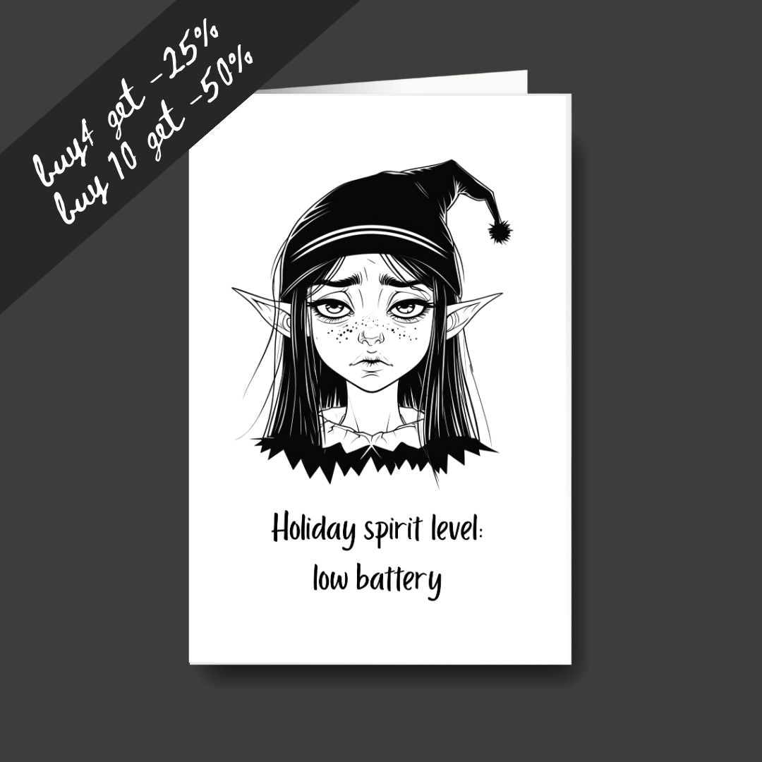 a tired elf sad Christmas greeting card