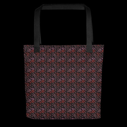 A tote bag with a skull candy pattern in burgundy red and dark pink