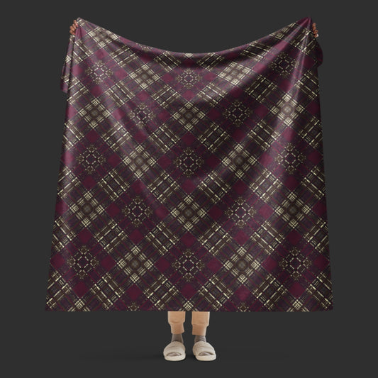 Large fleece sherpa blanket with a dark academia burgundy inspired distressed plaid pattern