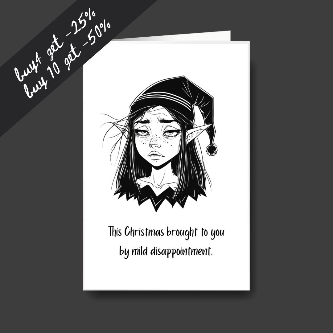 a tired elf sad Christmas greeting card