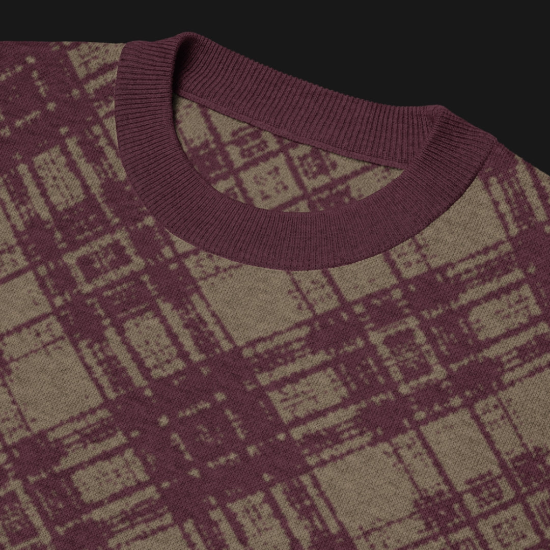 A burgundy and brown glitched plaid pattern knitted tee