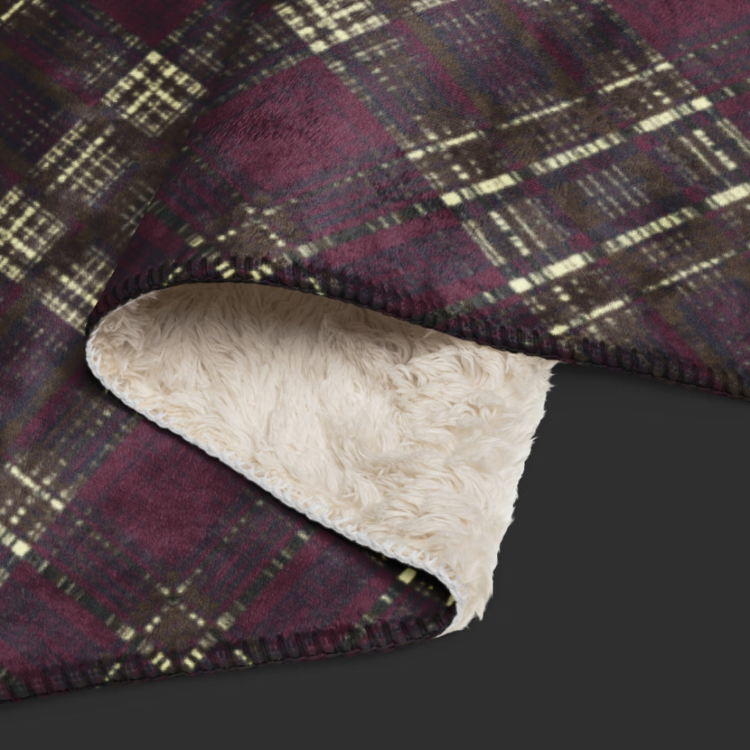 Large fleece sherpa blanket with a dark academia burgundy inspired distressed plaid pattern