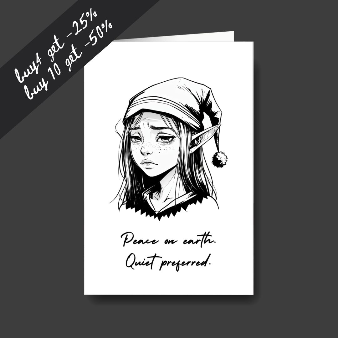 a tired elf sad Christmas greeting card