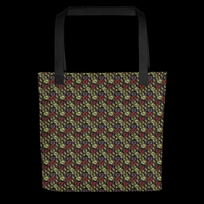 A tote bag with a skull candy pattern in khaki, purple and red