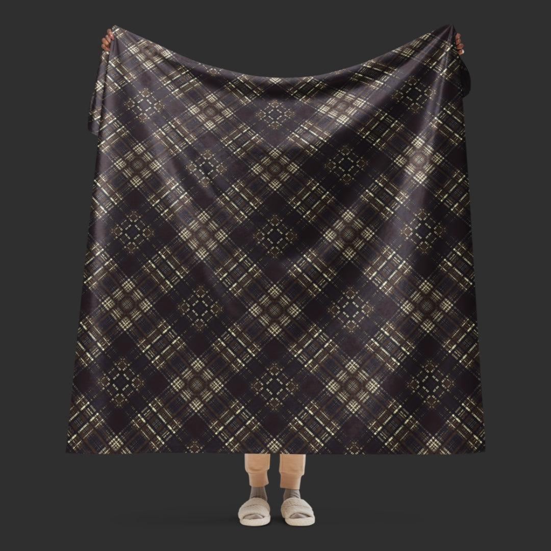 Large fleece sherpa blanket with a dark academia greyish brown inspired distressed plaid pattern