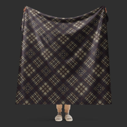 Large fleece sherpa blanket with a dark academia greyish brown inspired distressed plaid pattern