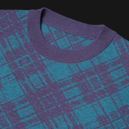 A bright blue glitched plaid pattern knitted tee