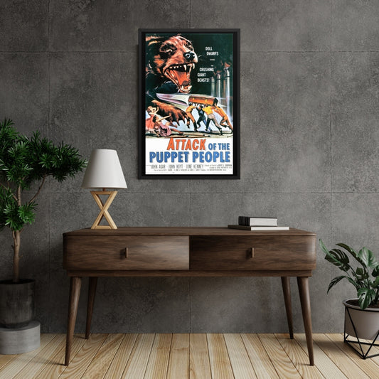 a vintage framed poster of the movie "attack of the puppet people"