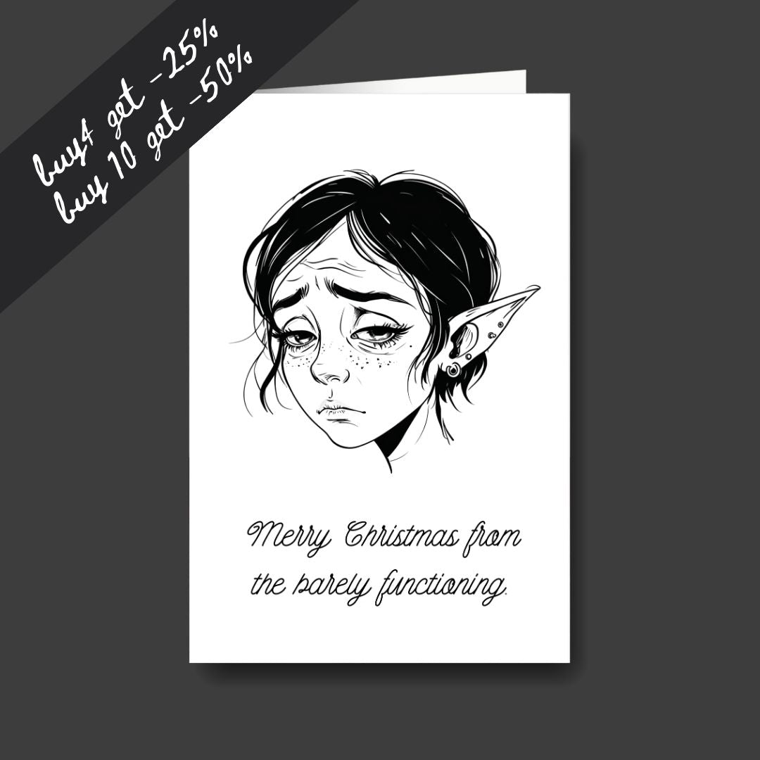 a tired elf sad Christmas greeting card