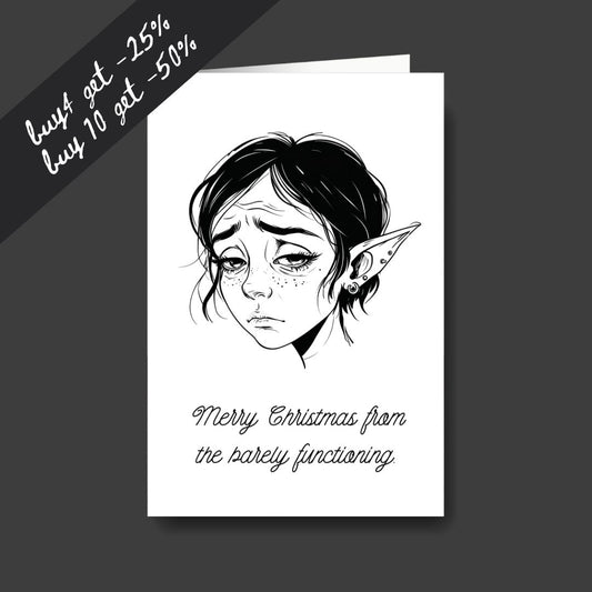 a tired elf sad Christmas greeting card
