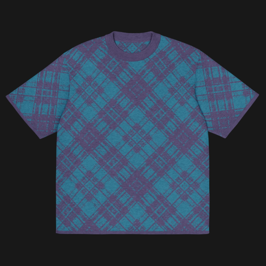 A bright blue glitched plaid pattern knitted tee