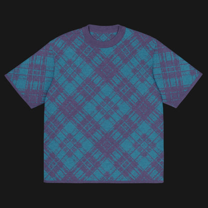 A bright blue glitched plaid pattern knitted tee