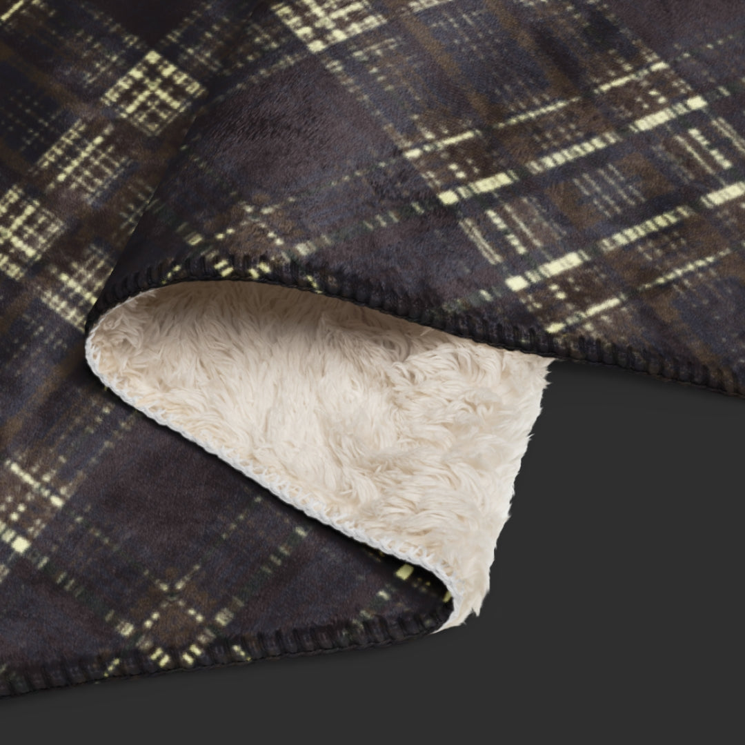 Large fleece sherpa blanket with a dark academia greyish brown inspired distressed plaid pattern