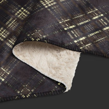 Large fleece sherpa blanket with a dark academia greyish brown inspired distressed plaid pattern